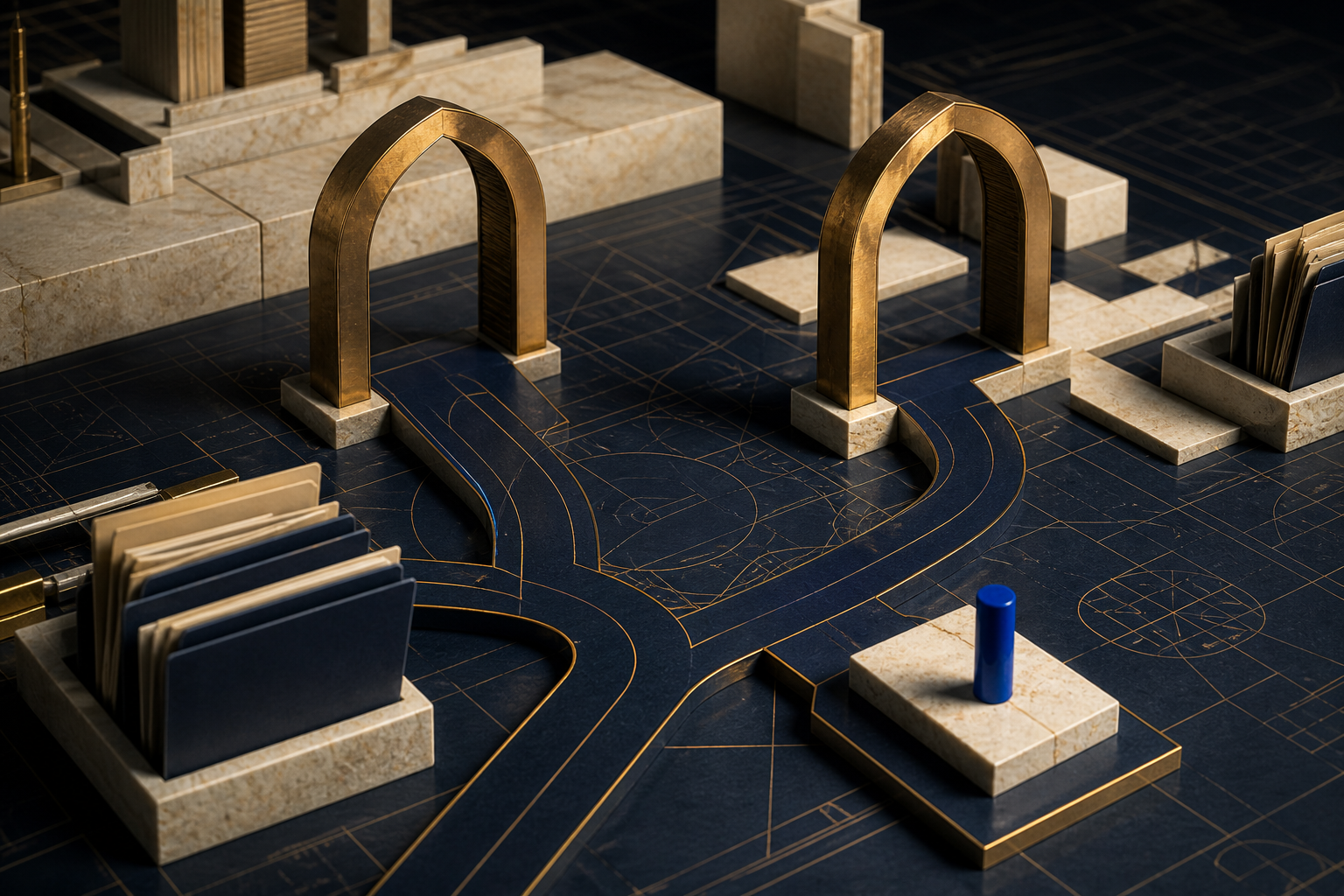 Two brass arches, branching navy routes and a cobalt decision marker on a limestone planning model