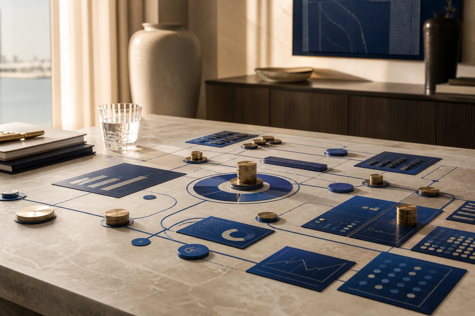 Engineering delivery, quality and cost signals arranged as an executive decision model on a limestone table