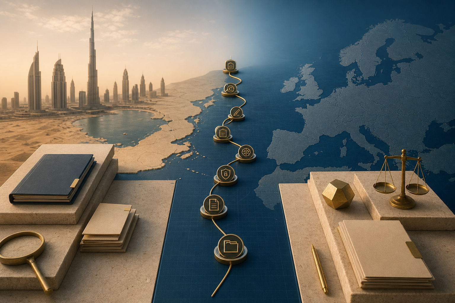 A business planning route connecting Dubai and Europe through nine compliance checkpoints